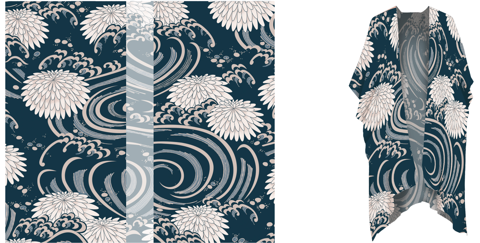 The Kikusui chrysanthemum print laid out flat alongside the finished kimono-style throwover jacket in indigo modal, Bhavna Rishi London for the V&A Museum