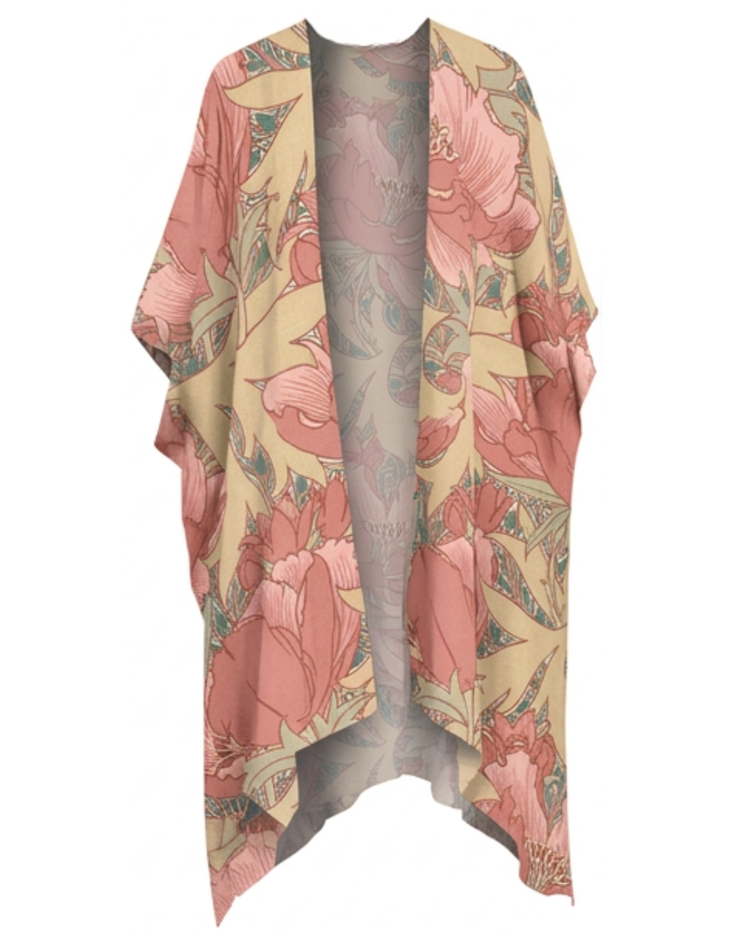The poppy floral kaftan kimono jacket, an open-front throwover in a pink and sage art nouveau poppy print on soft gold, Bhavna Rishi London for the V&A Museum